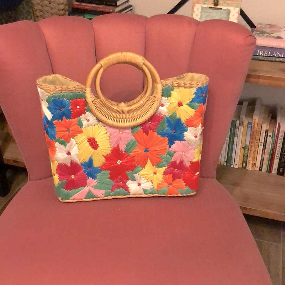 Vintage straw tote with bright flowers